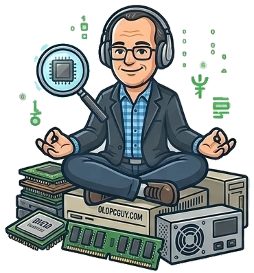 Cartoon of Brandon in headphones and a blazer, sitting cross-legged on a pile of old computer parts, with a magnifying glass over a processor chip