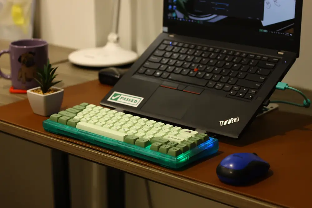 Black ThinkPad laptop on a wooden desk next to a mint-green mechanical keyboard, a blue mouse, and a small plant